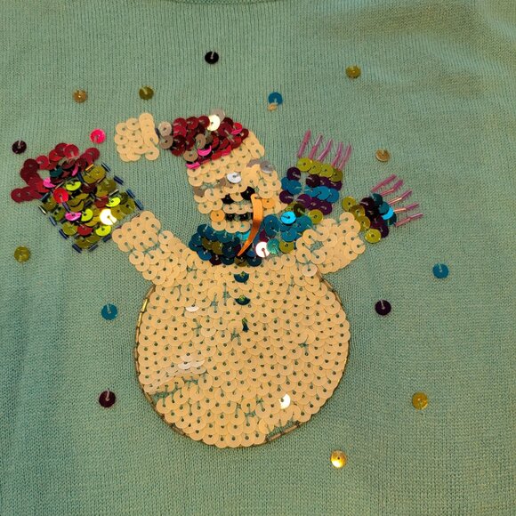 Empress Aqua Sequin Snowman Holiday Crew Neck Sweater - Picture 3 of 9